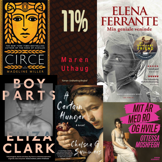 Seks bogforsider: "Circe", "Boy parts", "11%", "A Certain Hunger", "Min geniale veninde" og "Mit år med ro og hvile"