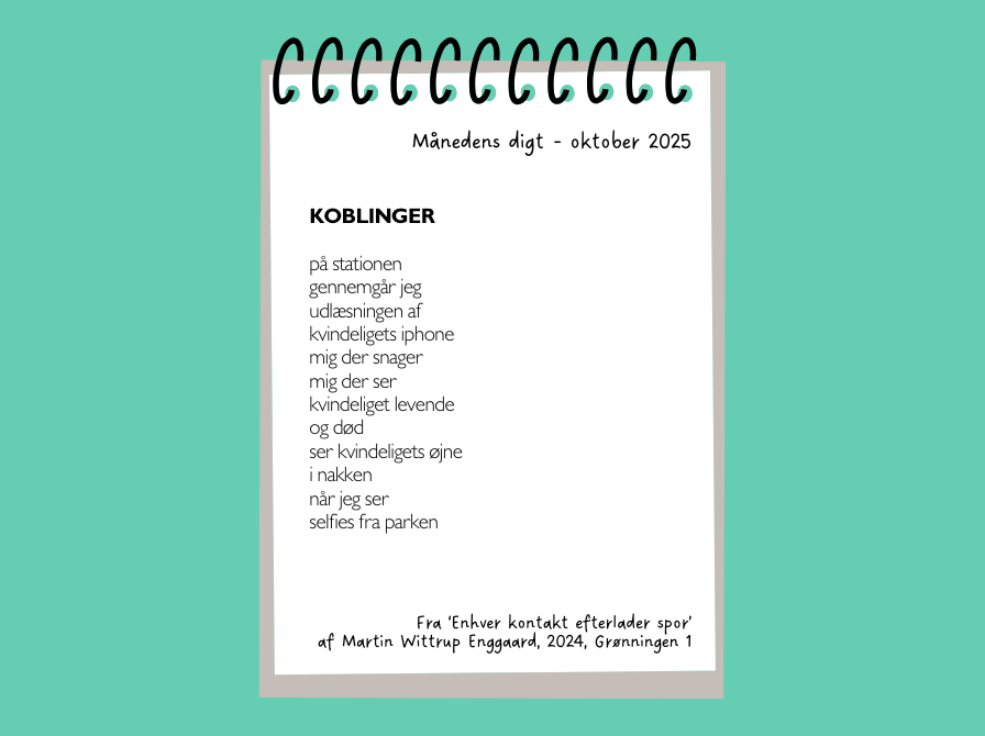 KOBLINGER  på stationen gennemgår jeg udlæsningen af  kvindeligets iphone mig der snager mig der ser kvindeliget levende og død ser kvindeligets øjne i nakken når jeg ser selfies fra parken