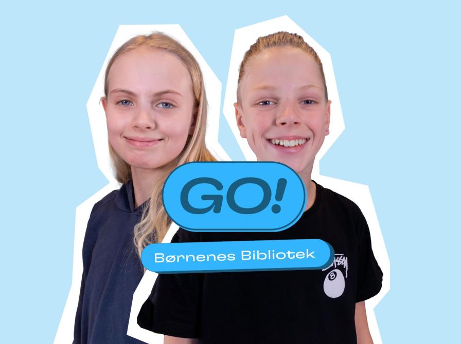 To børn og GO's logo samt en tekst: Børnenes Bibliotek